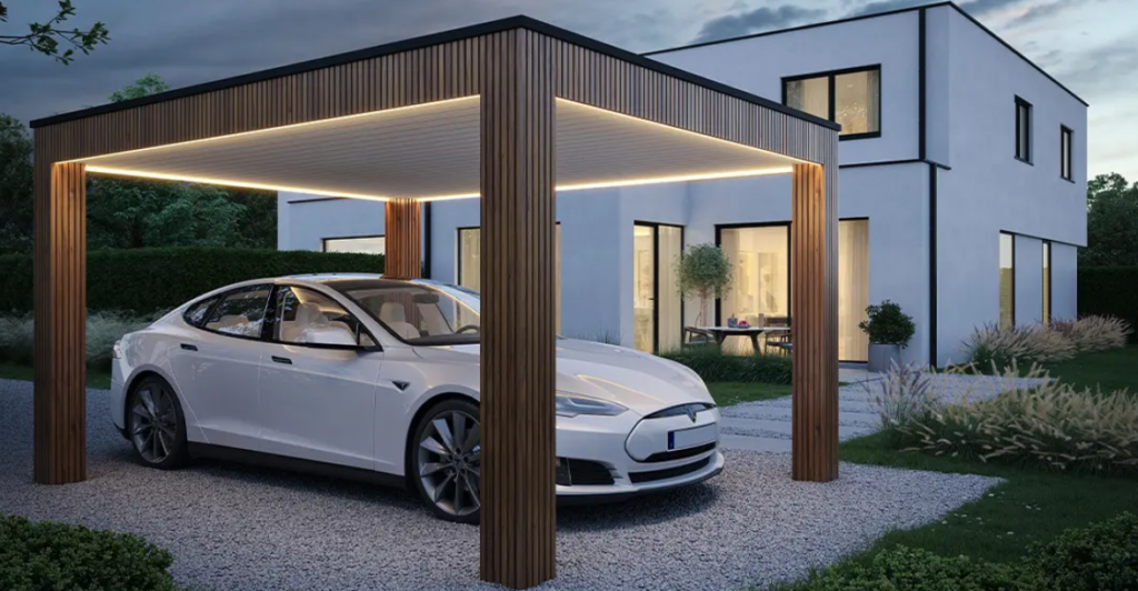 Carport/overkapping - Box thermowood afgewerkt met aluminium dak wit met Ledlicht